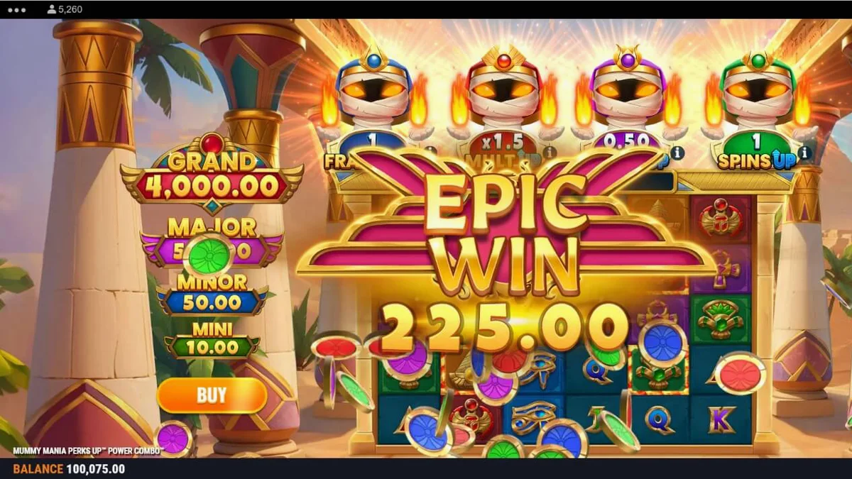 Tampilan antarmuka slot Mummy Mania Perks Up Power Combo di perangkat seluler