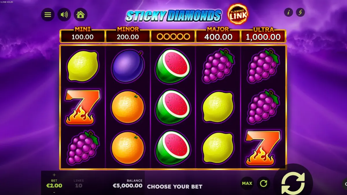Tampilan layar permainan slot Sticky Diamonds Flaming Link dengan simbol buah dan berlian